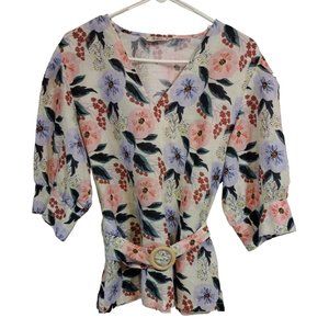 Abito Women's Large Floral Blouse With Balloon Sleeves And Belt Linen/Cotton